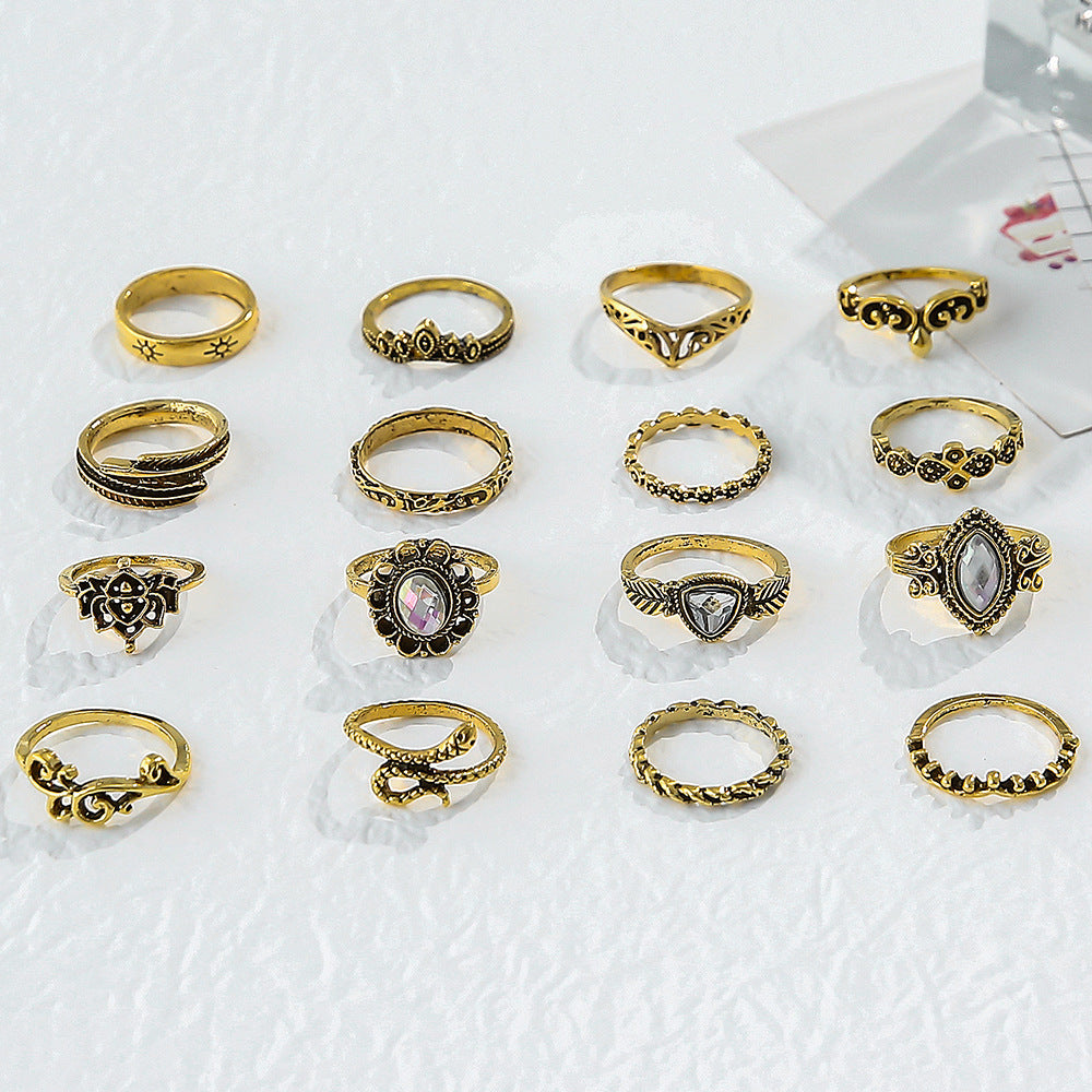 Wholesale Jewelry Retro Ladies Hollow Carved Snake Leaf Shape 16-piece Ring Gooddiy