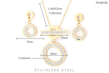 Fashion Round Titanium Steel Inlay Zircon Earrings Necklace 1 Set