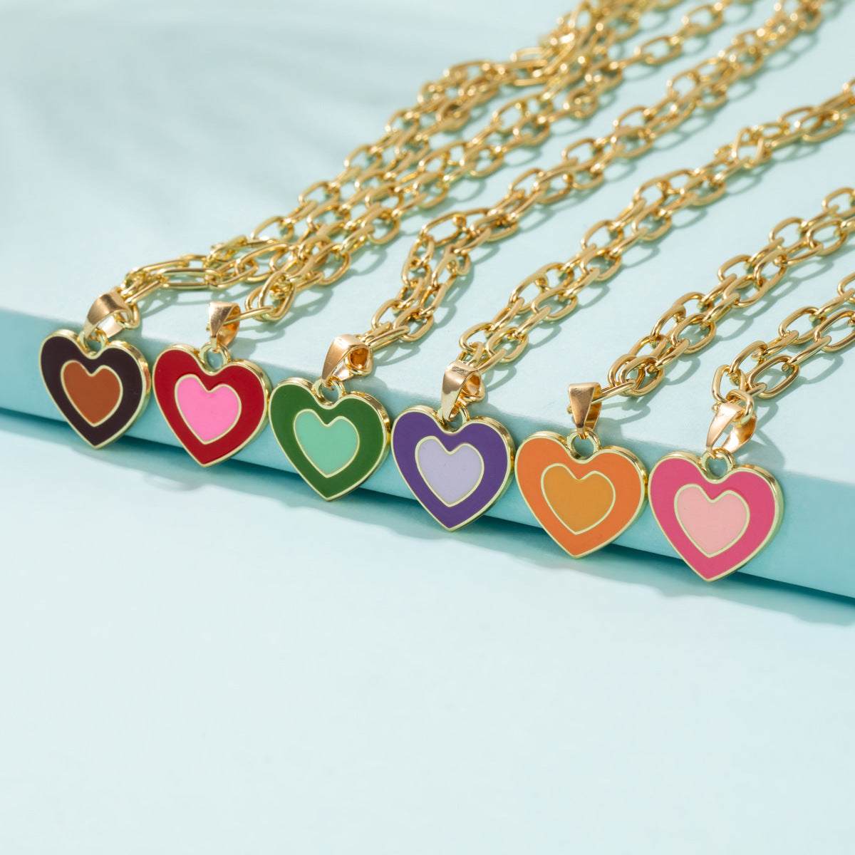 European And American New Heart-shaped Simple Dripping Color Matching Double Heart Necklace