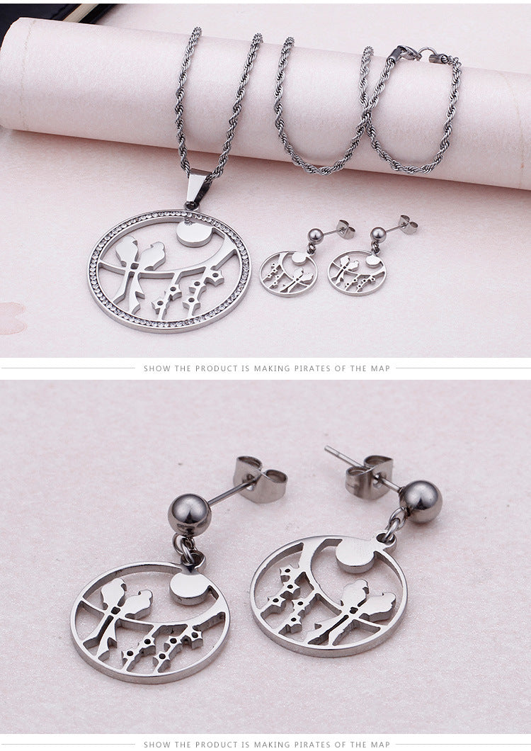 Fashion Titanium Steel Round Hollow Bird Necklace Earrings Set Wholesale Gooddiy