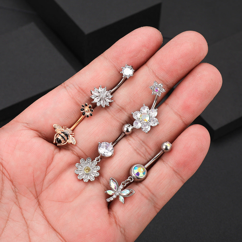 Fashion Flower Bee Stainless Steel Plating Artificial Gemstones Belly Ring