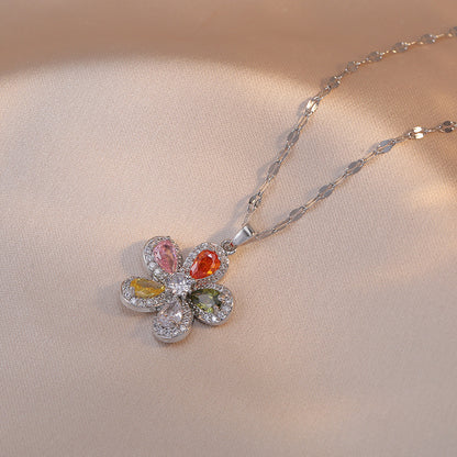 Elegant Lady Flower Titanium Steel Inlay Zircon Pendant Necklace