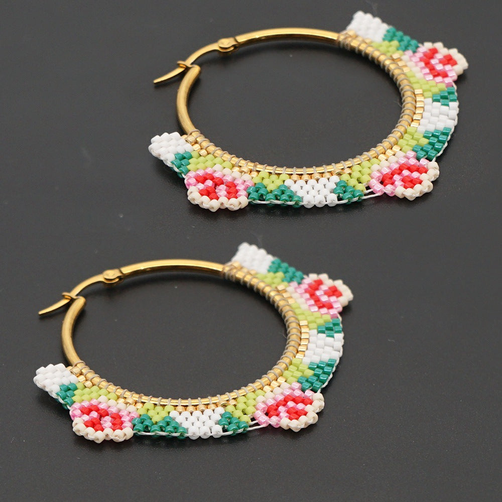 Ethnic Style Miyuki Rice Beads Hand-woven Fashion Rose Flower Hoop Earrings