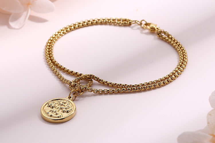 Fashion Exquisite Metal Double-layer Pearl Chain Round Tree Pendant Stainless Steel Bracelet Wholesale