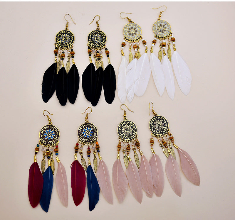 Bohemian Dreamcatcher Alloy Feather Beaded Hollow Out Women's Drop Earrings