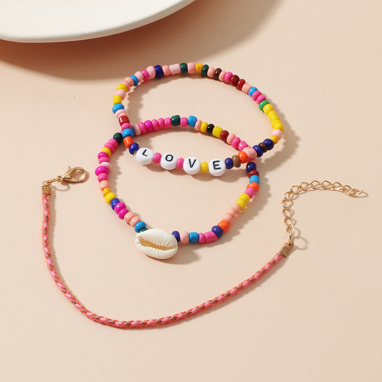 Cross-border New Arrival Set Bohemian Color Beaded Bracelet Shell Love Letter Bead Bracelet Three-piece Set For Women