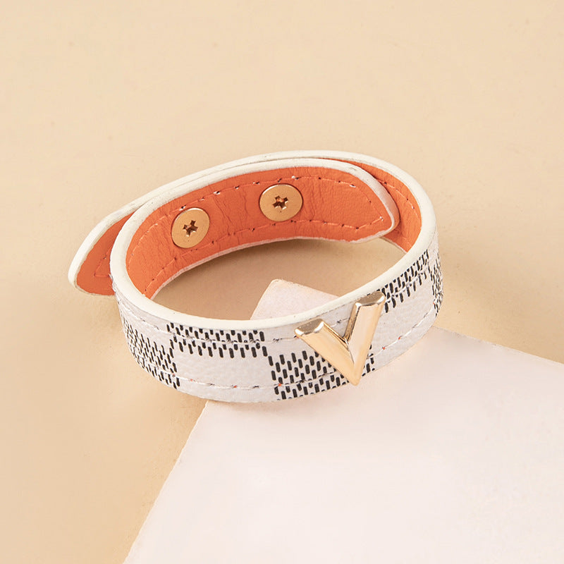 Simple Style V Shape Letter Lattice Pu Leather Wholesale Wristband