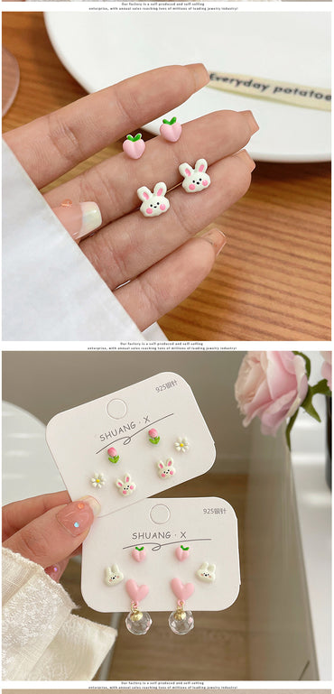 Cute Sweet Rabbit Heart Shape Flower Alloy Spray Paint Plating Women's Ear Studs