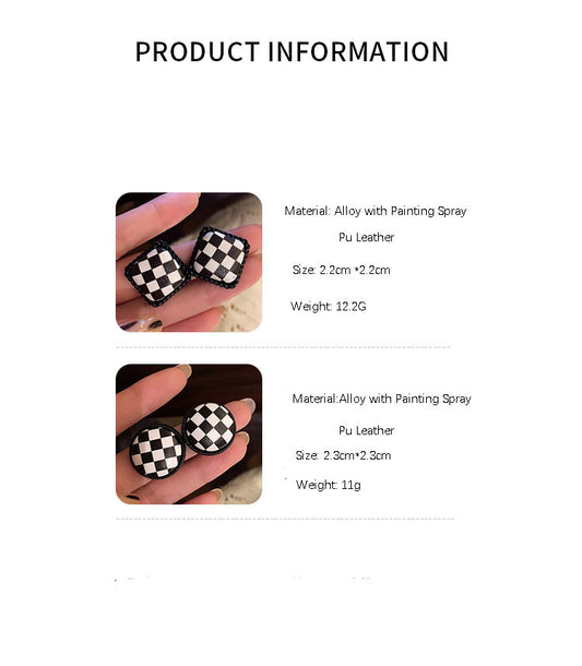 New Simple Fashion Trendy Fashion All-match Pu Leather Black And White Plaid Round Square Earrings