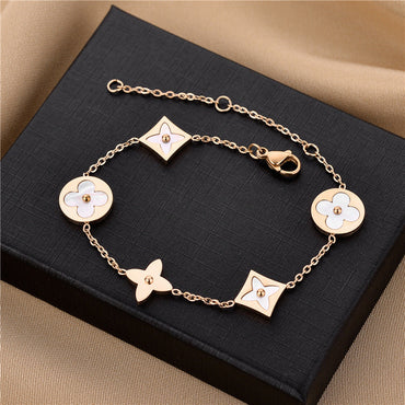 Women Round Letter Text Number Titanium Steel 18K Gold Plated Bracelets