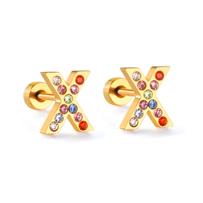 Fashion Letter Stainless Steel Inlay Zircon Ear Studs 1 Pair