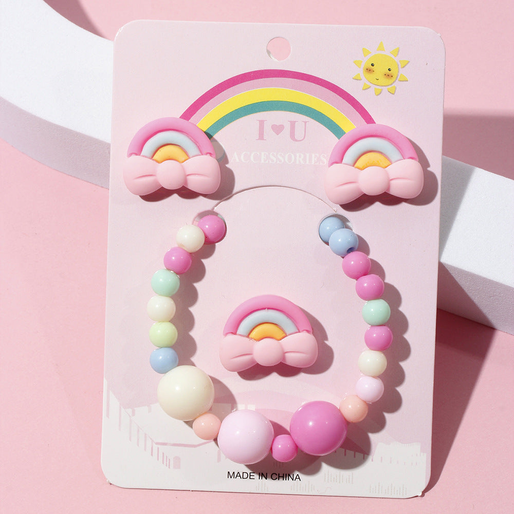 1 Set Sweet Rainbow Arylic Girl's Rings Bracelets Earrings