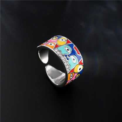 Aogu Cross-border Supply European And American Fashion New Real Gold Electroplating Dripping Eyes Portrait Open-end Zircon Ring