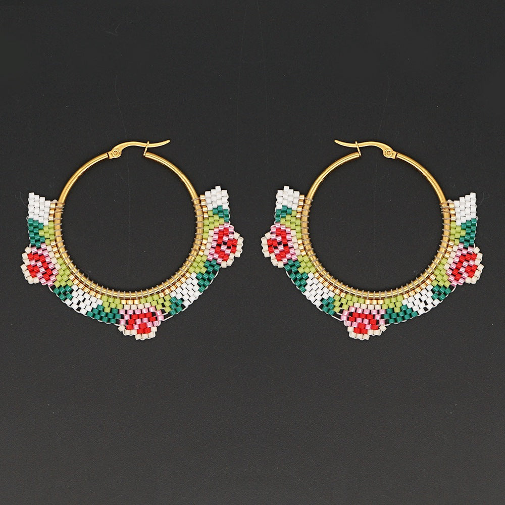 Ethnic Style Miyuki Rice Beads Hand-woven Fashion Rose Flower Hoop Earrings