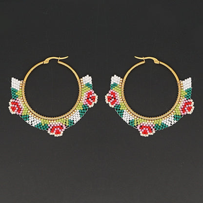 Ethnic Style Miyuki Rice Beads Hand-woven Fashion Rose Flower Hoop Earrings