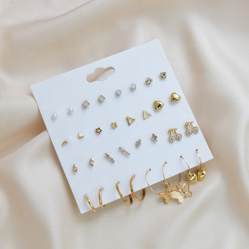 Simple Geometric Alloy Small Earrings Set 16 Pairs One Card