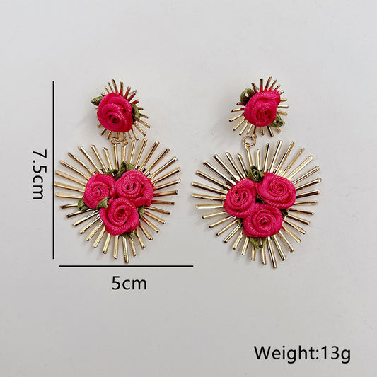 Sweet Flower Alloy Cloth Handmade Women's Drop Earrings