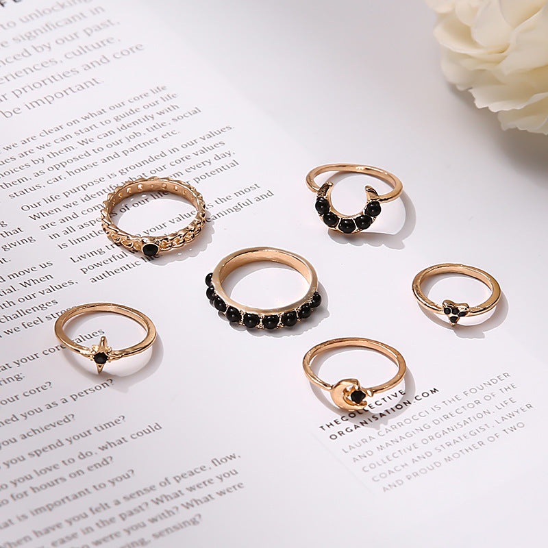 Cross-border New Ring Set Fashion Black Gemstone Star Moon 6-piece Set Joint Ring Finger Ring