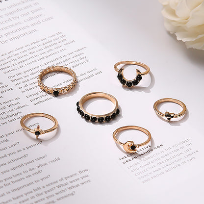 Cross-border New Ring Set Fashion Black Gemstone Star Moon 6-piece Set Joint Ring Finger Ring