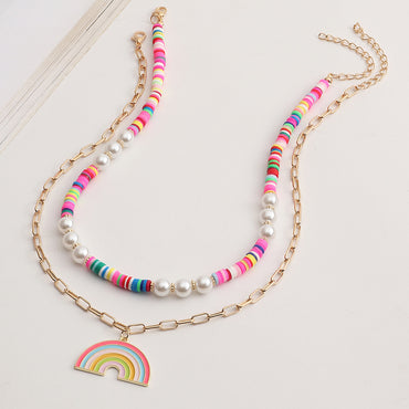 Ethnic Multicolored Soft Ceramic Pearl Rainbow Pendent Necklace