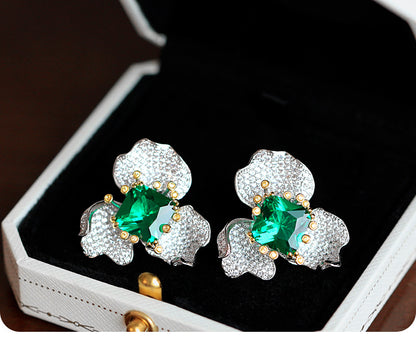 High-end Jewelry Flower Stud Earrings Dignified Generous Style Fashion Green Imitation Emerald Ring High-grade Necklace Set For Women