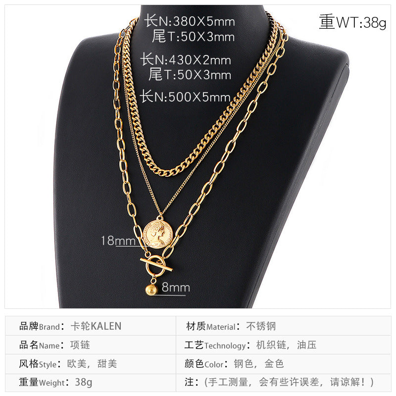 Europe And America Cross Border E-commerce Sweater Chain Personalized Retro Avatar Pendant Three-layer Necklace Trendy Round Beads Ot Buckle Necklace