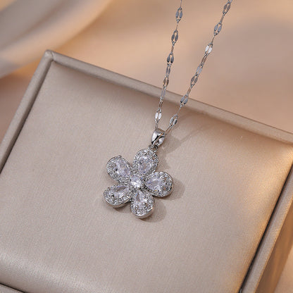 Elegant Lady Flower Titanium Steel Inlay Zircon Pendant Necklace