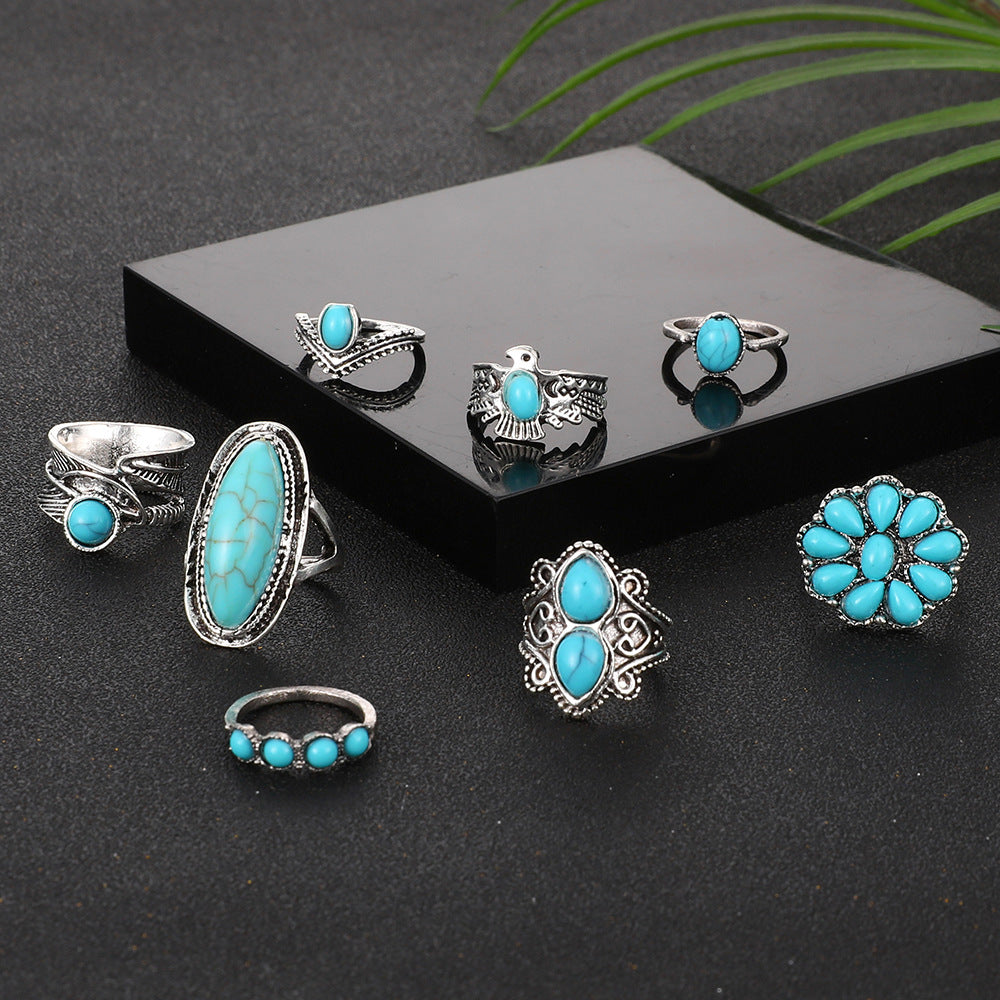 Exaggerated Ethnic Style Cool Style Leaf Round Snake Alloy Plating Inlay Turquoise Women's Rings