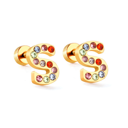 Fashion Letter Stainless Steel Inlay Zircon Ear Studs 1 Pair