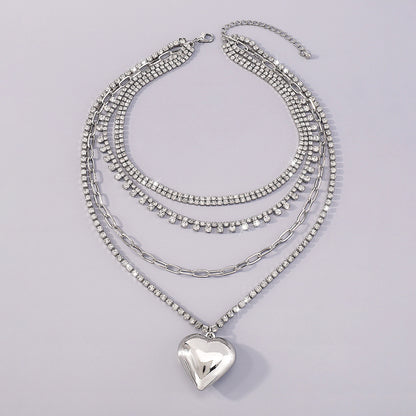 Fashion Golden Silvery Pendant Heart Shape Multi-layer Rhinestone Alloy Necklace