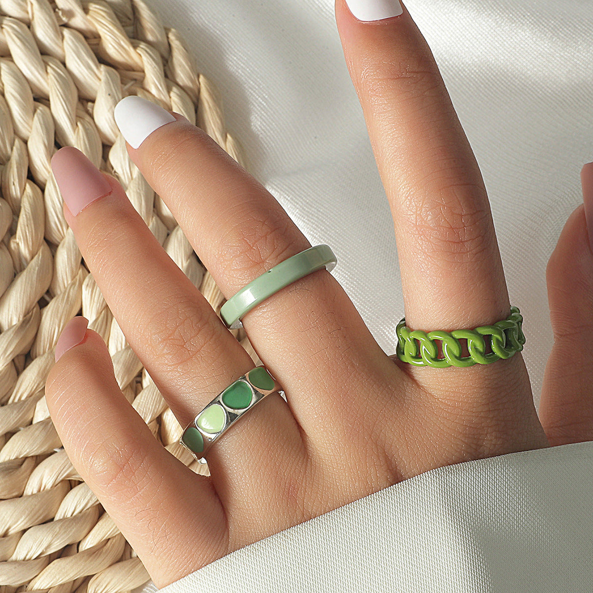 Cross-border New Geometric Chain Ring Three-piece Set Simple Resin Love Joint Ring Ring Tail Ring