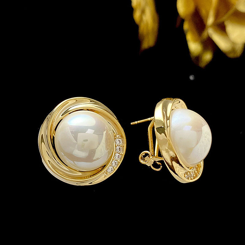 1 Pair Simple Style Round Inlay Copper Artificial Pearls Zircon Ear Studs