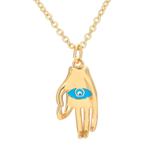 Vintage Color Drip Oil Eye Palm Necklace 18k Gold-plated Gesture Pendant Collarbone Chain