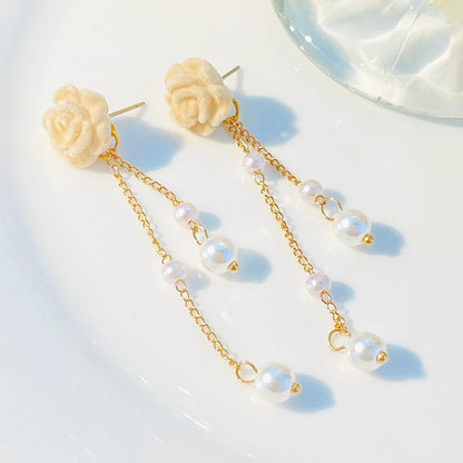 1 Pair Sweet Flower Plating Alloy Plastic Drop Earrings