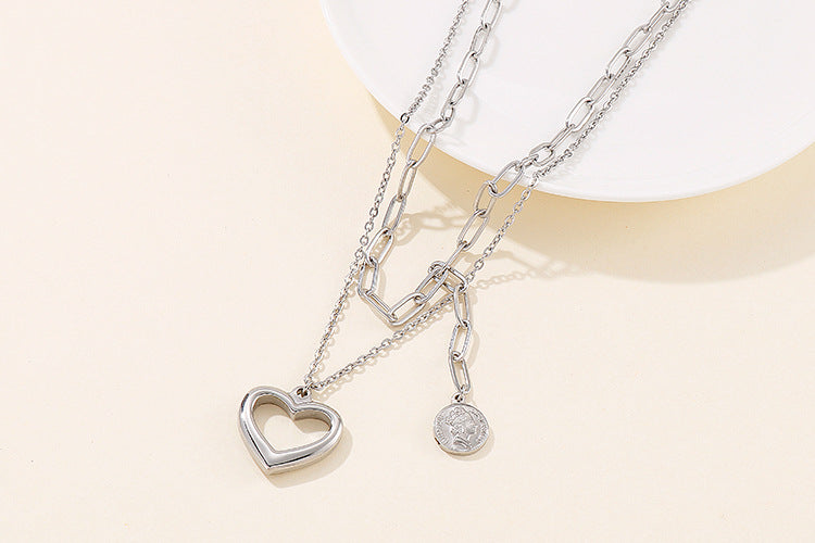 Stainless Steel Heart-shape Tassel Necklace Double Necklace