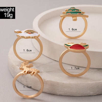 European And American Cross-border New Christmas Oil Drop Ring Four-piece Set Of Elk Geometric Ring Set