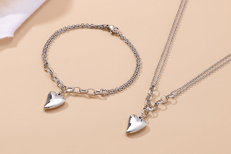 Europe And America Heart Necklace Bracelet Titanium Steel Chain Splicing Heart-shaped Set