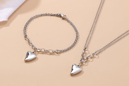 Europe And America Heart Necklace Bracelet Titanium Steel Chain Splicing Heart-shaped Set