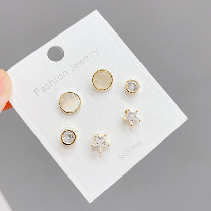 3 Pairs Ins Style Pentagram Round Copper Inlay Opal Zircon Ear Studs