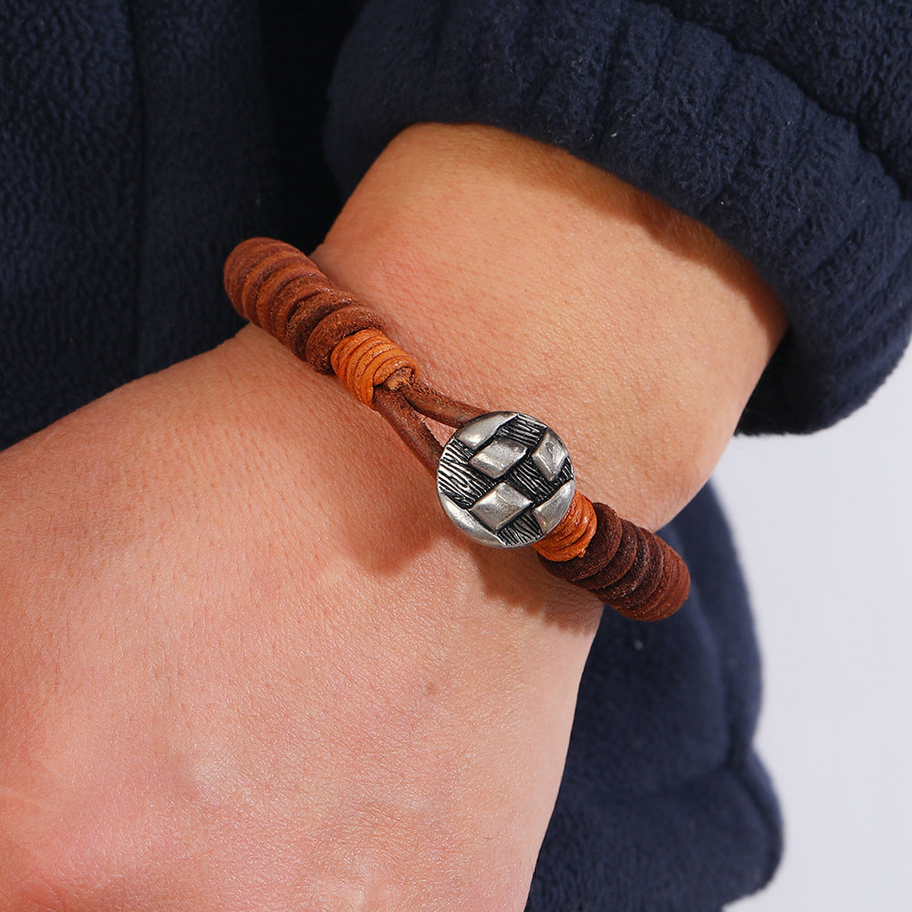 Retro Geometric Alloy Cowhide Knitting Men's Bangle