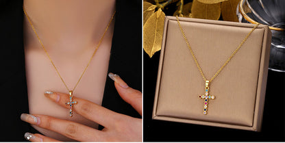 Ethnic Style Cross Stainless Steel Inlay Zircon Pendant Necklace