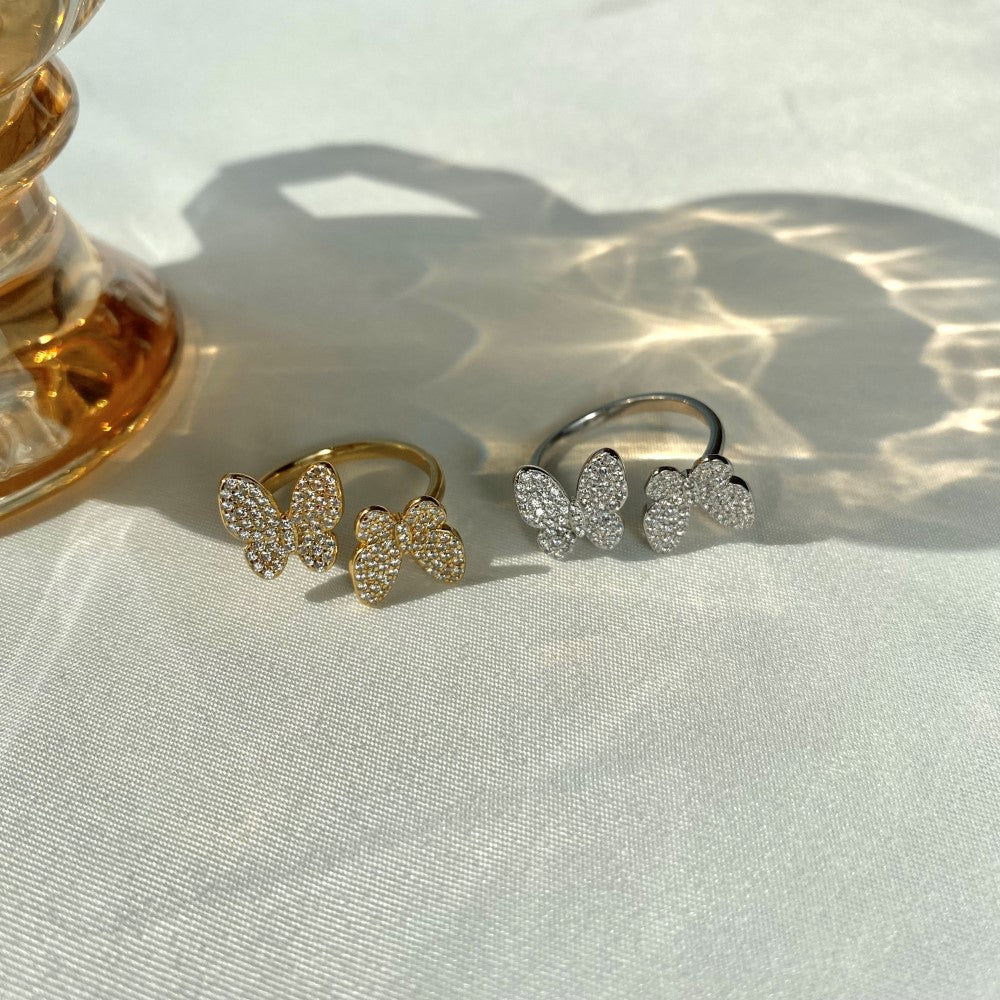 Elegant Lady Butterfly Sterling Silver Plating Inlay Rhinestones Open Rings