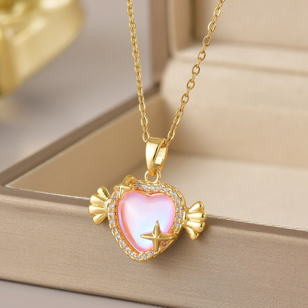 Wholesale Jewelry Simple Style Heart Shape Flower Butterfly Titanium Steel Gem Irregular Plating Pendant Necklace