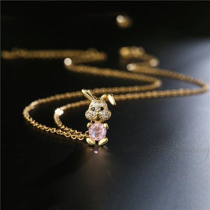 Retro Copper-plated Real Gold Micro-inlaid Zircon Cartoon Rabbit Pendant Necklace