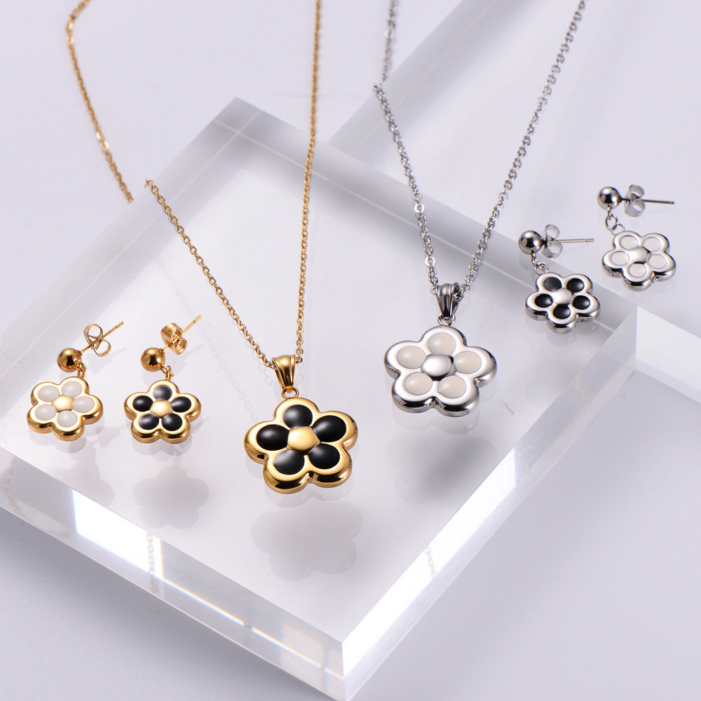 New Plum Blossom Drop Oil Gold Plated Necklace Ear Stud Set