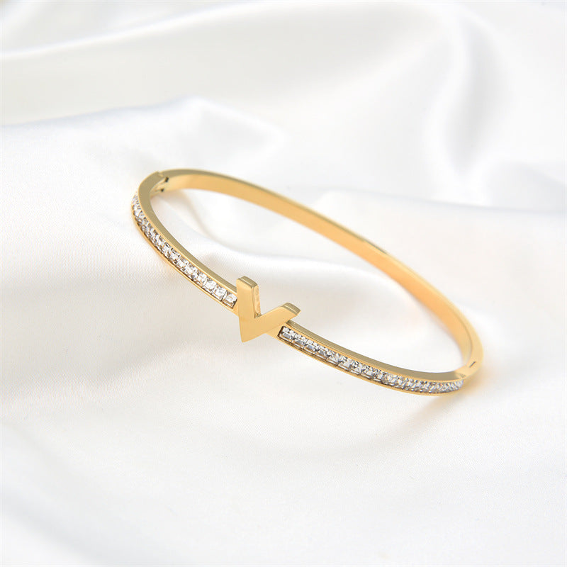 Simple Style V Shape Stainless Steel Zircon Bangle In Bulk