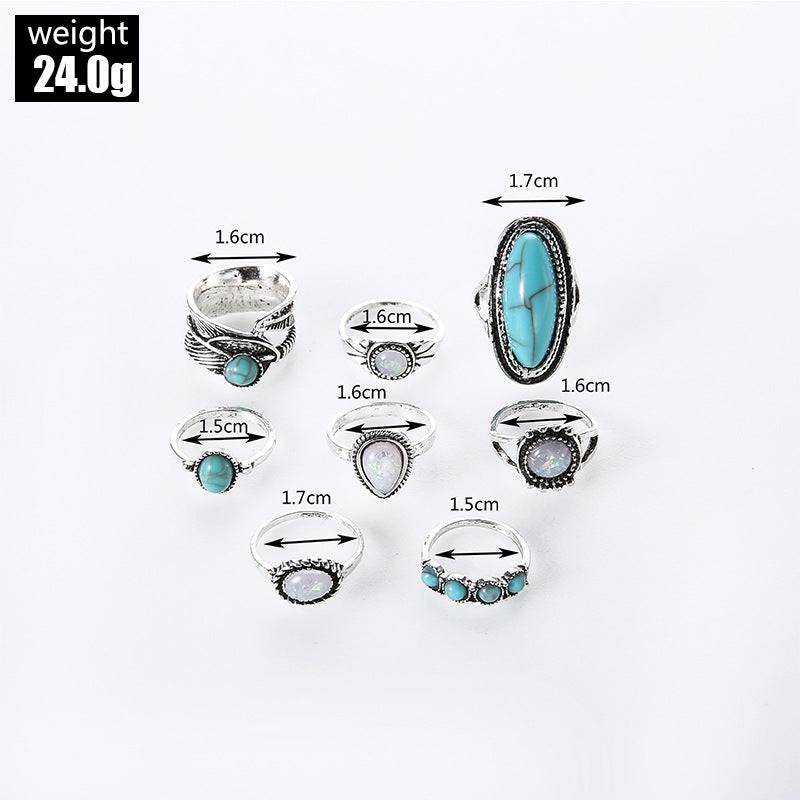 Retro Inlaid Turquoise Carved Feather Alloy Ring 8-piece Set