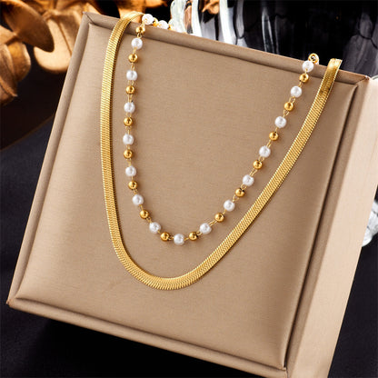 Fashion Pearl Titanium Steel Plating Layered Necklaces