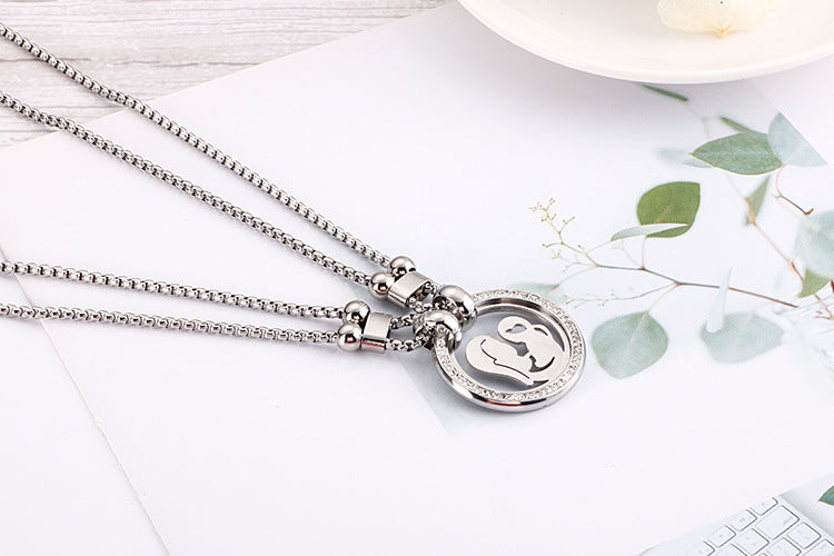 New Fashion Round Personality Titanium Steel Diamond Double-layer Necklace Wholesale