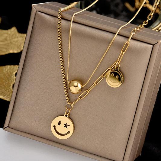 Fashion Multi-element Smiley Face Pendant Titanium Steel Necklace Creative Multi-layer Clavicle Chain